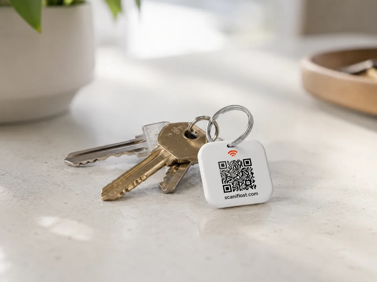 A white ScanIfLost QR keyring on a split ring with two brass keys, resting on a pale stone worktop.
