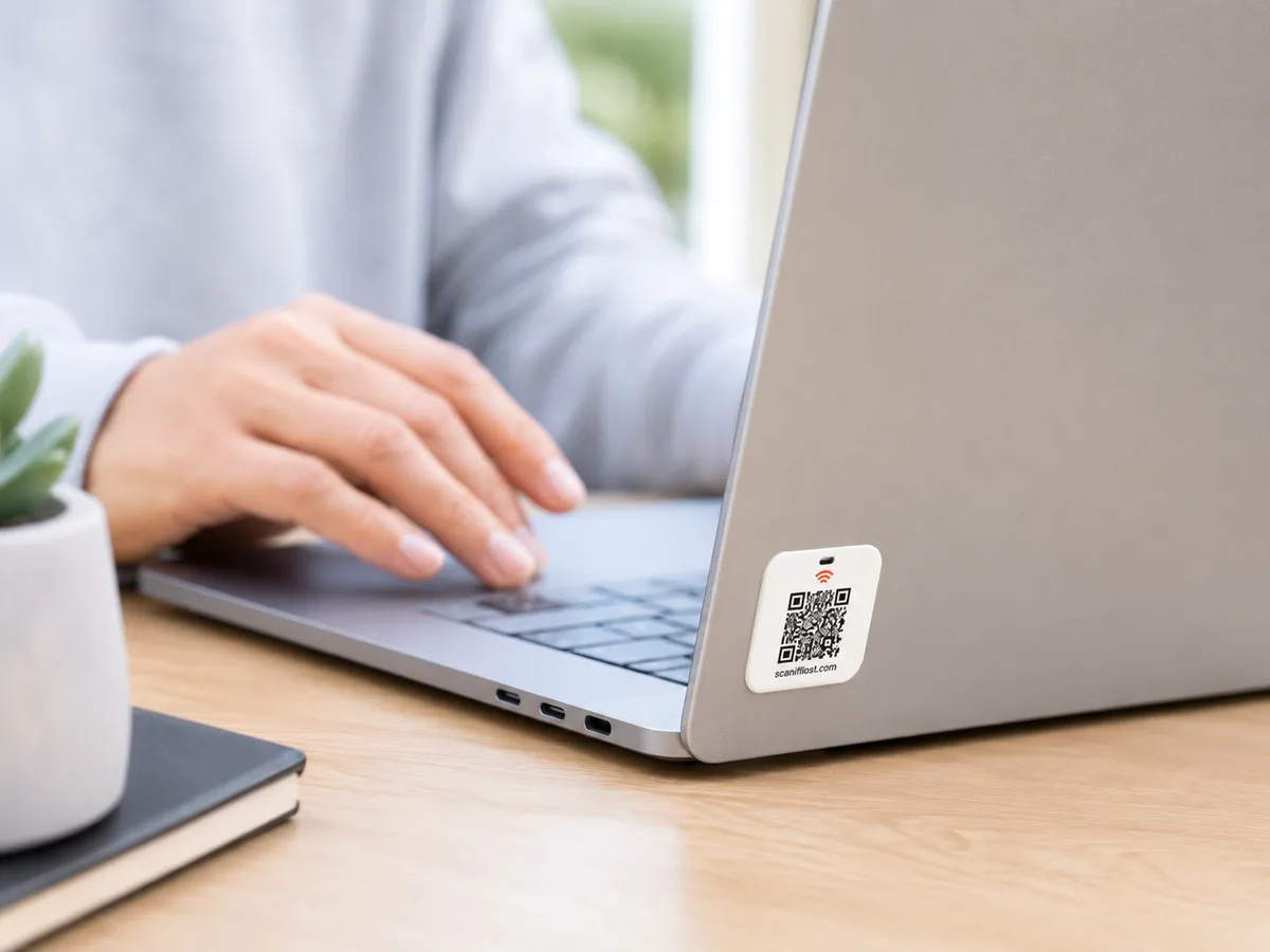 A small square ScanIfLost QR label stuck to the bottom corner of a silver laptop lid while someone types.