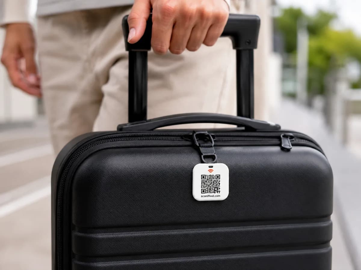 A white ScanIfLost QR tag clipped to the top handle of a black hard-shell cabin suitcase being wheeled along a pavement.